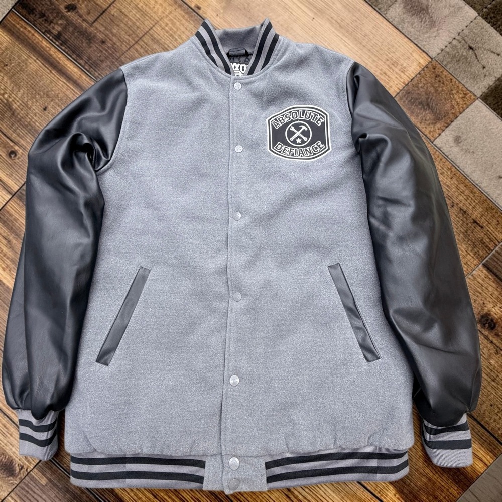 Dixxon Absolute Defiance Varsity Jacket Mens Lg Grey Wool Black Leather Sleeves